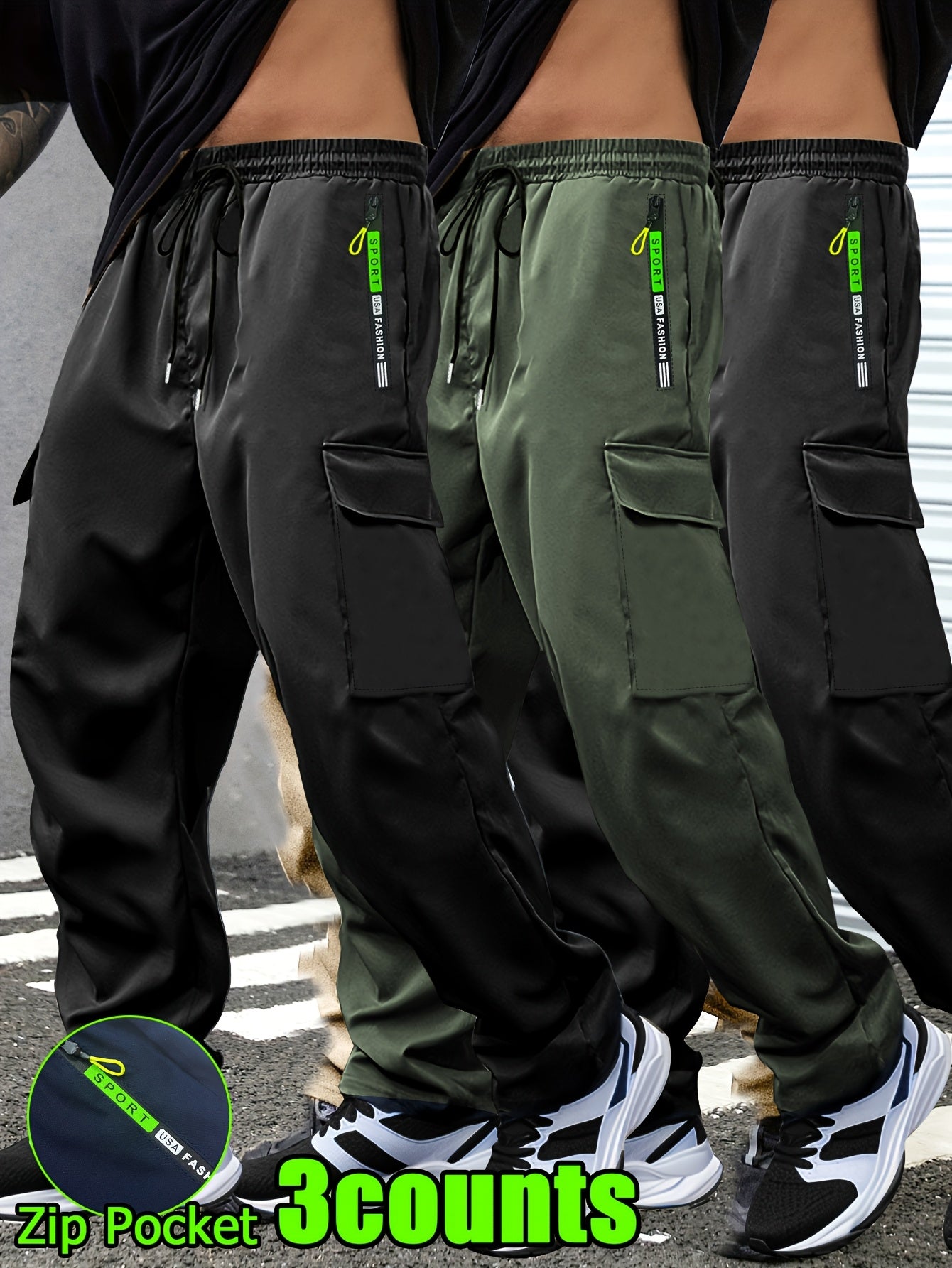Men's Lightweight Cargo Pants with Drawstring & Elastic Waist – Multi Zipper & Side Pockets, Breathable Regular Fit for Hiking, Camping & Casual Outdoor Wear, S-XXXL