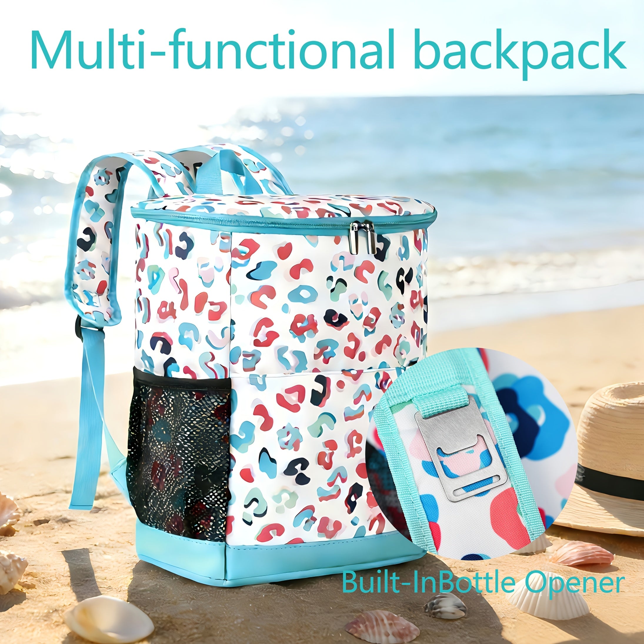Insulated Cooler Backpack 30-Can Leopard Print Nylon Portable Cooler Bag with Mesh Pockets Adjustable Straps for Beach Camping Picnic Outdoor Travel Daily Use