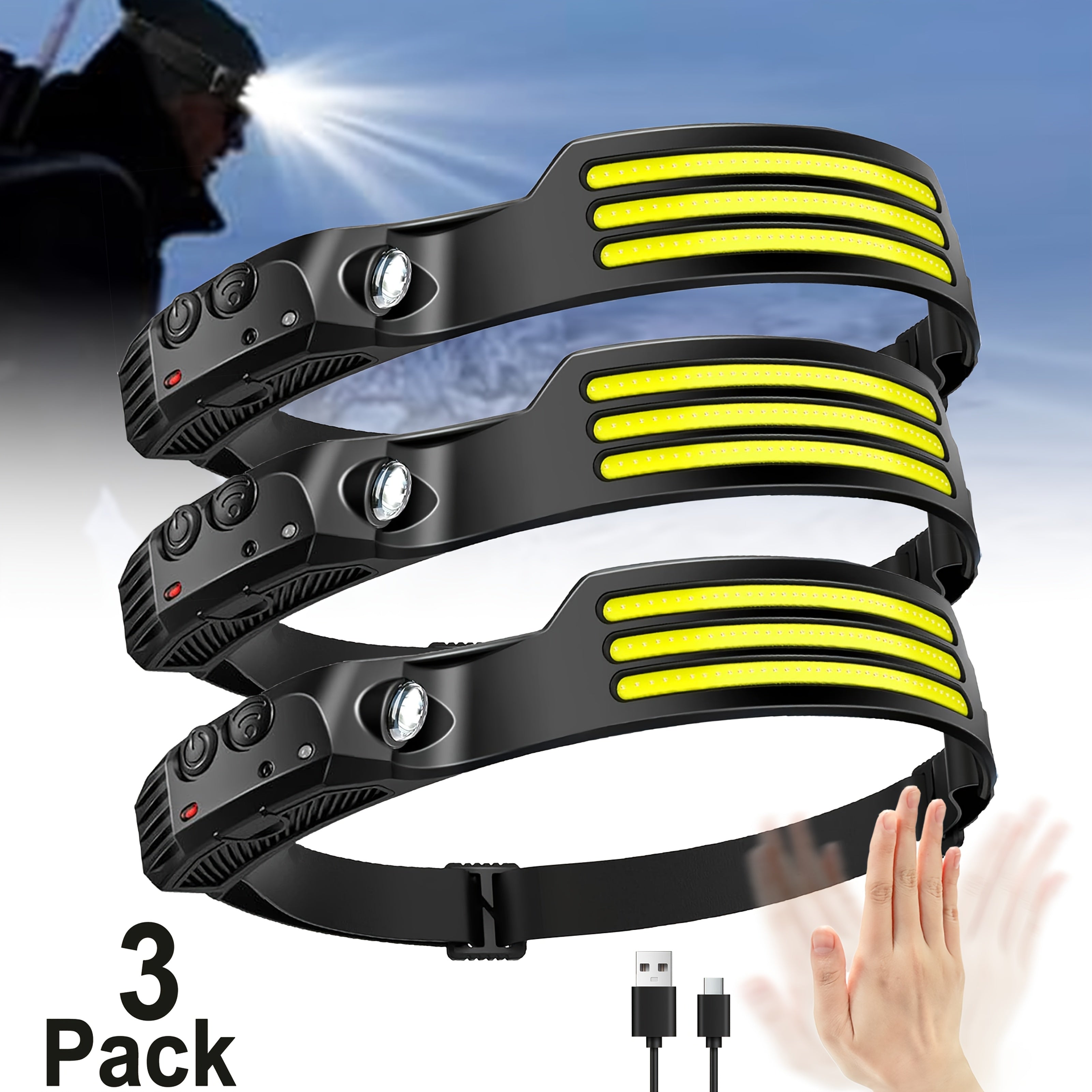Motion Sensor Headlamp USB Rechargeable – IP54 Waterproof Super Bright LED Head Lamp with 5 Light Modes for Camping, Hiking, Running & Fishing | 1, 2 or 3 Pack