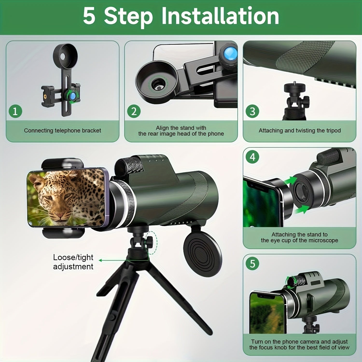 10x42 Monocular Telescope with Phone Adapter & Tripod HD FMC Lens Compact Portable Scope for Bird Watching Wildlife Hiking Camping Concerts Sports