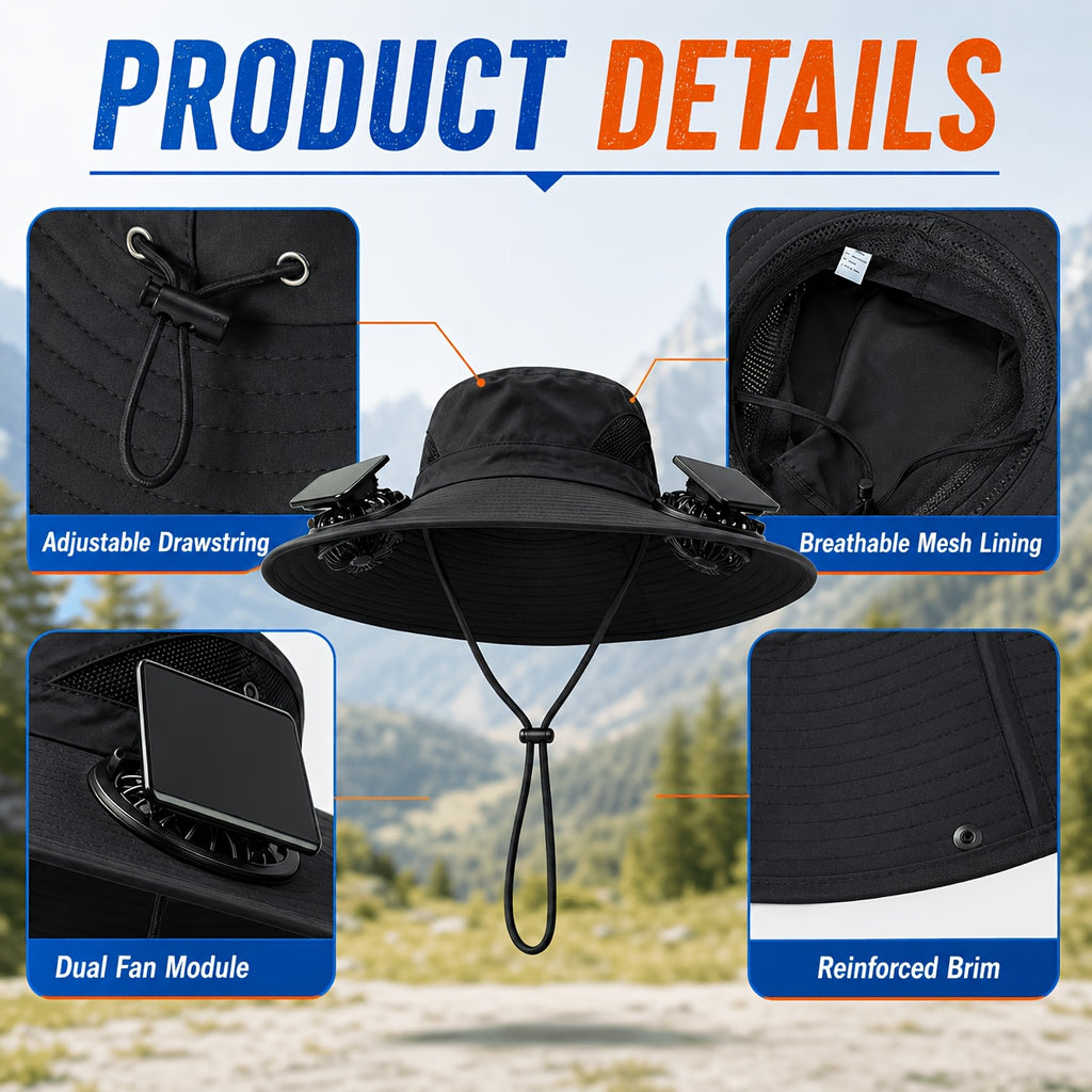 Solar Powered Cooling Fan Hat Wide Brim Dual Fans Adjustable Breathable Sun Hat for Men Women Outdoor Travel Garden Work Black Grey Khaki Camouflage