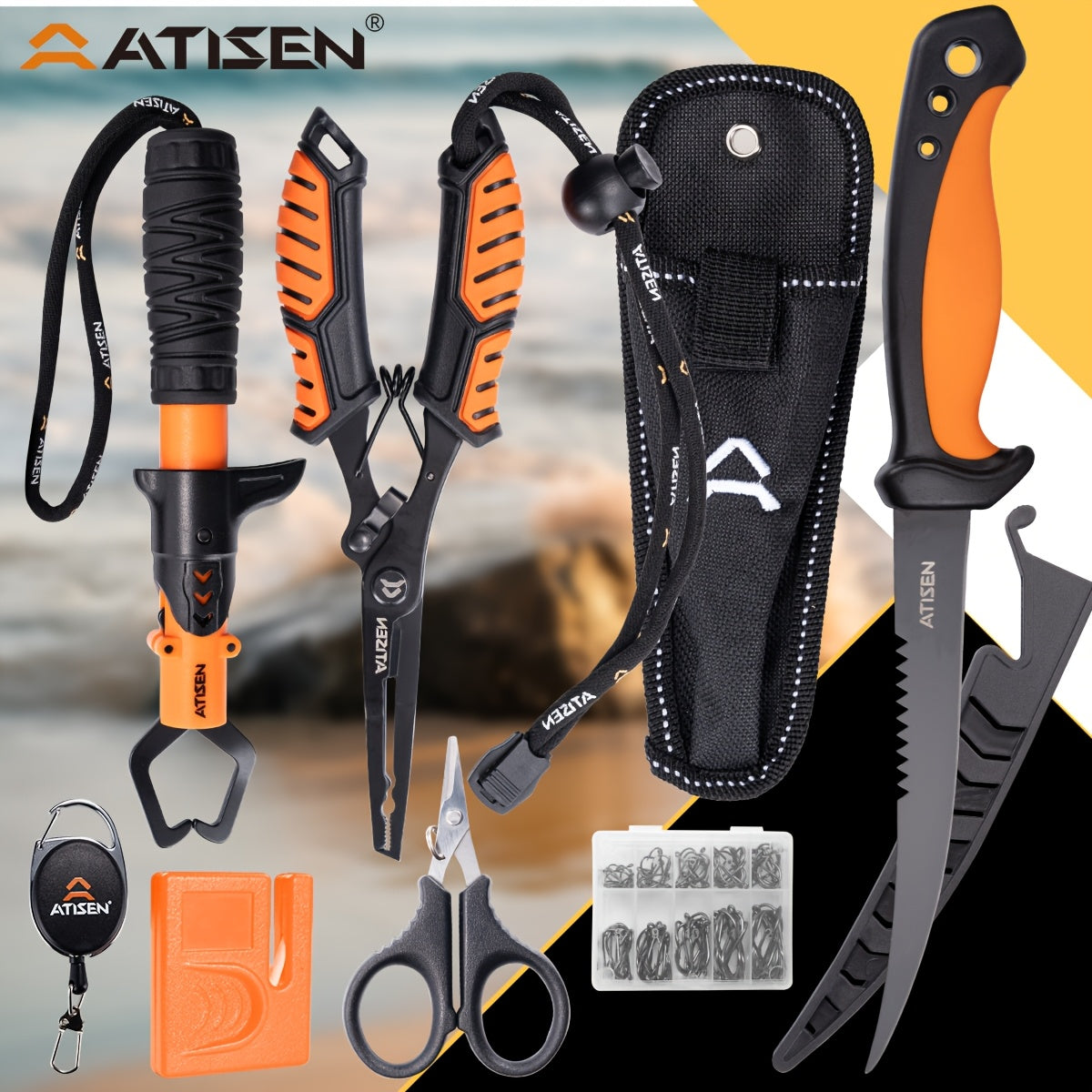106-Piece Fishing Knife Set with Bait Knife, Shrimp Tongs, Knife Sharpener & Line Clippers – Complete Angler Tool Kit for Fishing, Camping, Hiking & Outdoor Cooking, Gift for Men