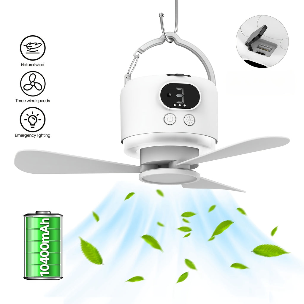 Portable Camping Ceiling Fan 10400mAh USB Rechargeable Tent Fan with Remote Control LED Light Detachable Blades 4 Speed Settings for Camping Hiking Outdoor Travel