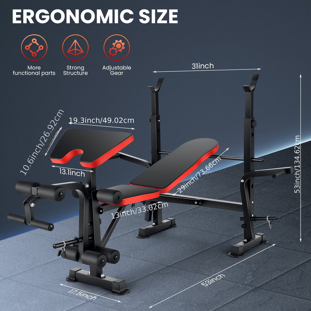 Weight Bench Set with Squat Rack – Adjustable Foldable Workout Bench Press, Leg Developer & Preacher Curl Pad for Home Gym Full Body Training | 800–1200 LBS Capacity | Black, Red, Pink