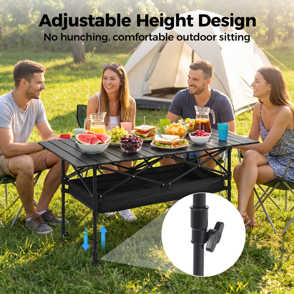 Folding Camping Table Portable Aluminum Height Adjustable with Rolling Wheels – Lightweight Outdoor Table with Mesh Storage Bag & Carry Bag for Camping, Beach, Backyard, BBQ, Patio & Picnic