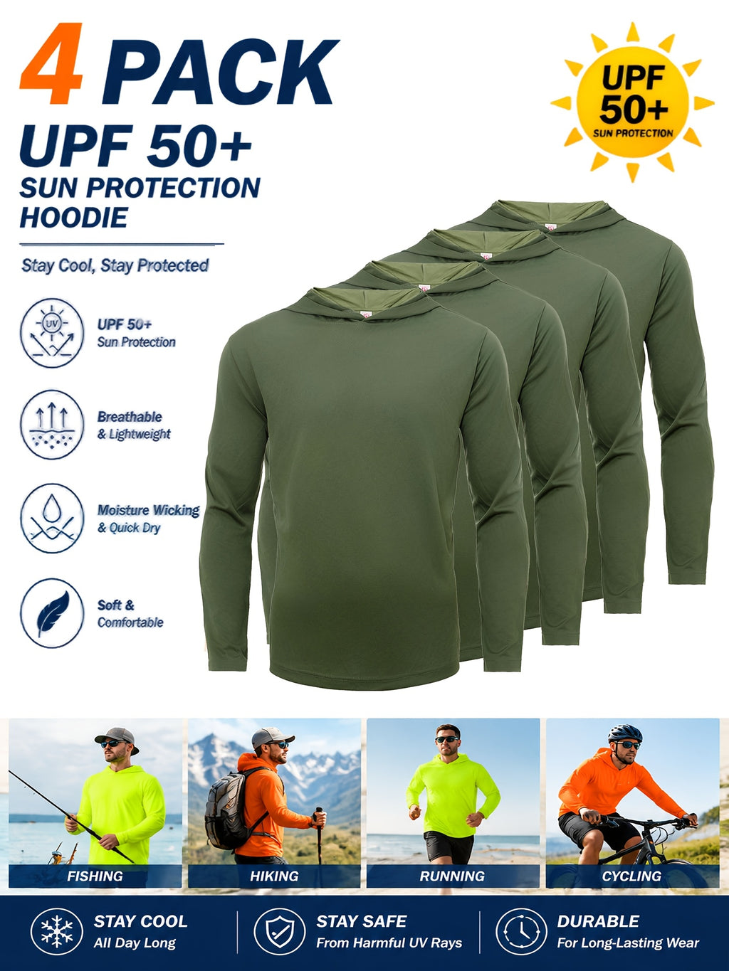 Men's Quick-Dry Pullover Hoodie Sports Top 4-Piece Set – Long Sleeve Hooded Athletic Shirt, Breathable Polyester Activewear for Running Gym Training, 10 Colors Sizes S-XXXL