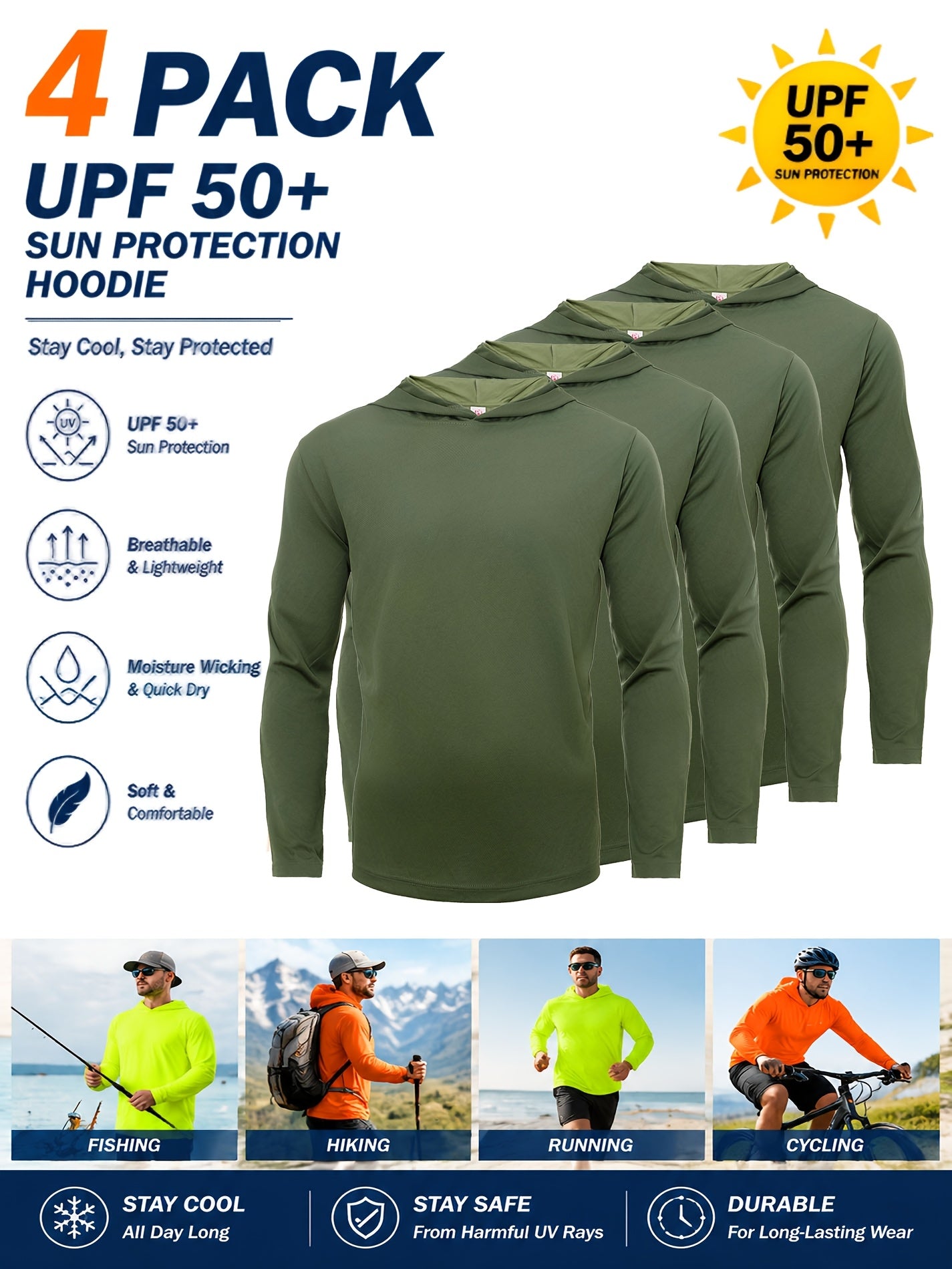 Men's Quick-Dry Pullover Hoodie Sports Top 4-Piece Set – Long Sleeve Hooded Athletic Shirt, Breathable Polyester Activewear for Running Gym Training, 10 Colors Sizes S-XXXL