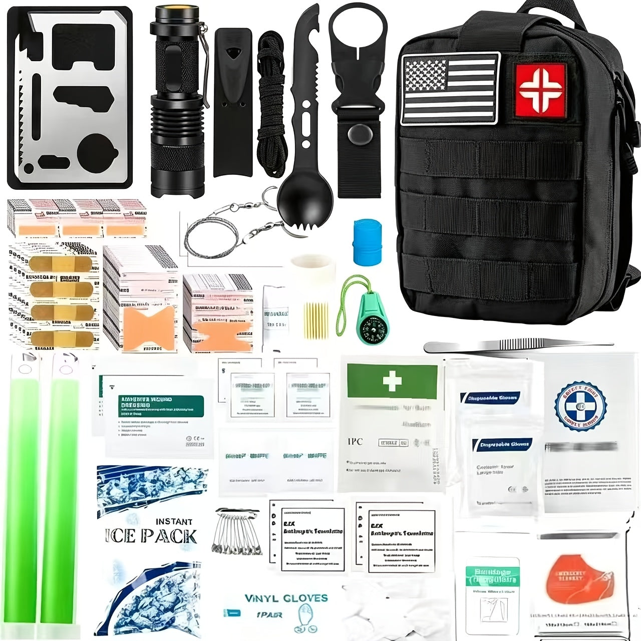 217-Piece Survival Kit with First Aid Kit & Survival Tools MOLLE Storage Bag - Outdoor Camping Hiking Emergency Gear for Men - Brown Black Khaki Green Red Orange Camouflage
