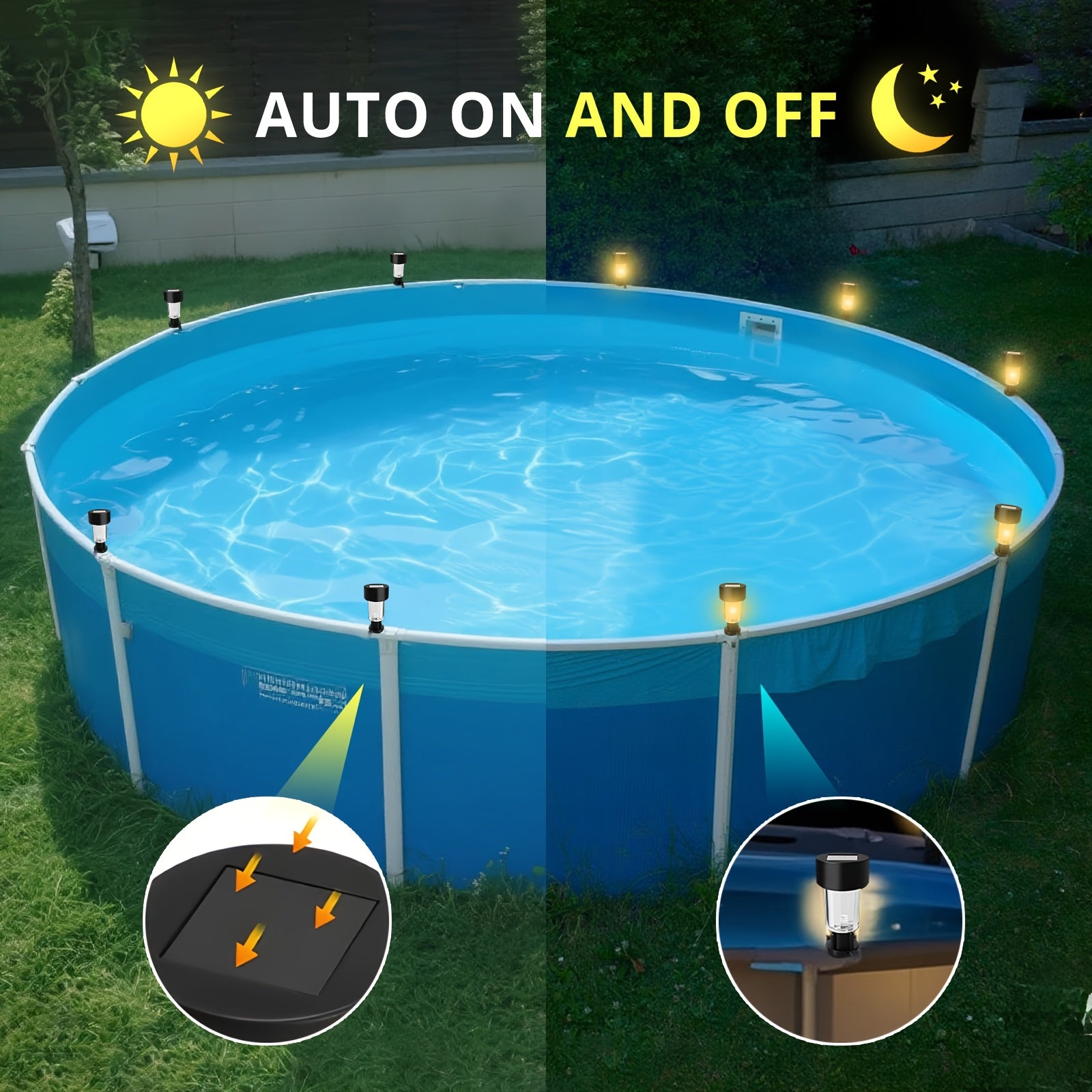 Solar Swimming Pool Lights 6-Pack - Dimmable LED Warm & White Light, Reinforced Straps for Above-Ground Pools, Outdoor Garden Wall Decoration, High-Efficiency Solar Powered
