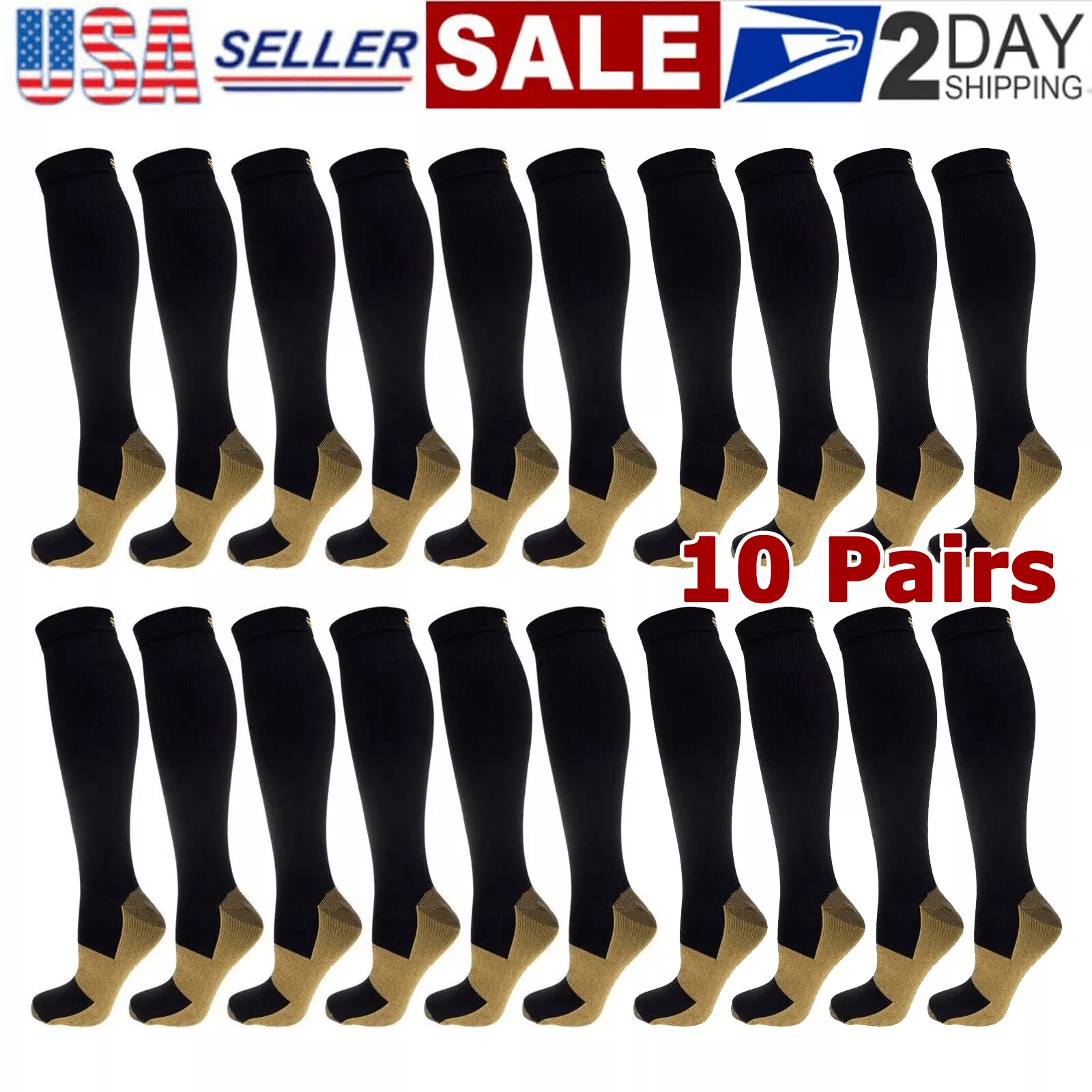 Copper Compression Socks 10 Pairs Unisex – Graduated Compression for Running Cycling Hiking Climbing Daily Wear Women Men S/M L/XL XXL Black