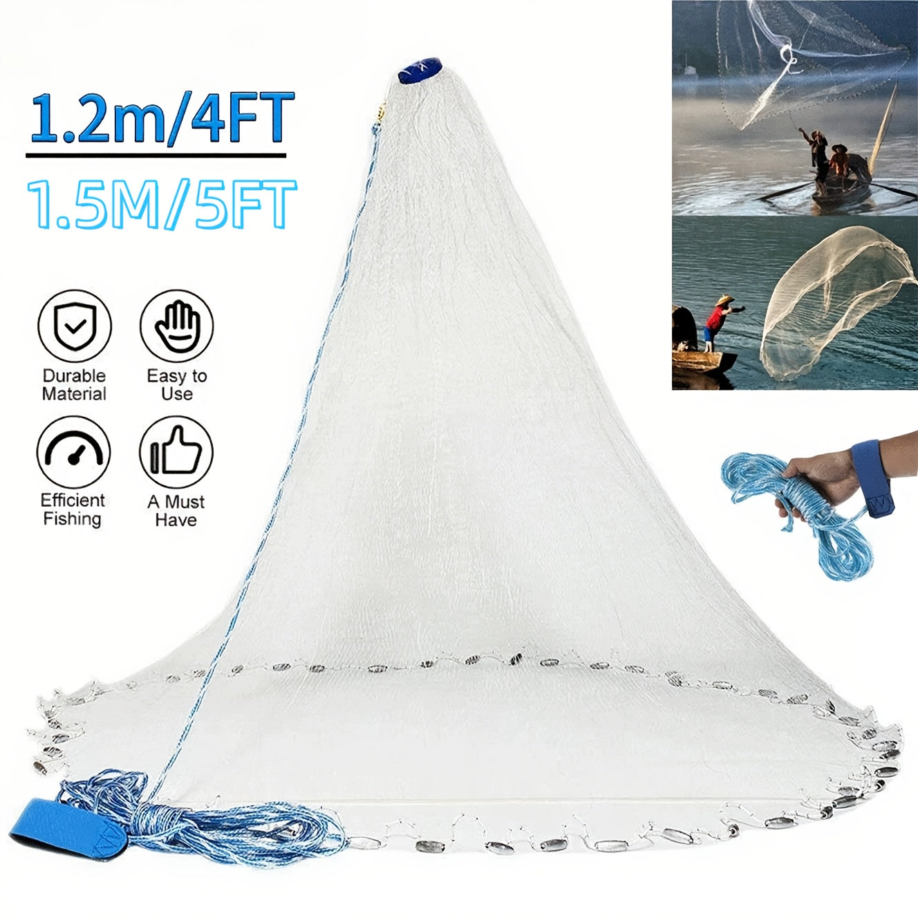 Cast Net for Fishing 8FT 10FT Easy Throw Copolymer Monofilament Mesh Zinc Sinkers 1.3cm Mesh 240 300 Steel Drop Saltwater Freshwater Bait Trapping Beginners Experts