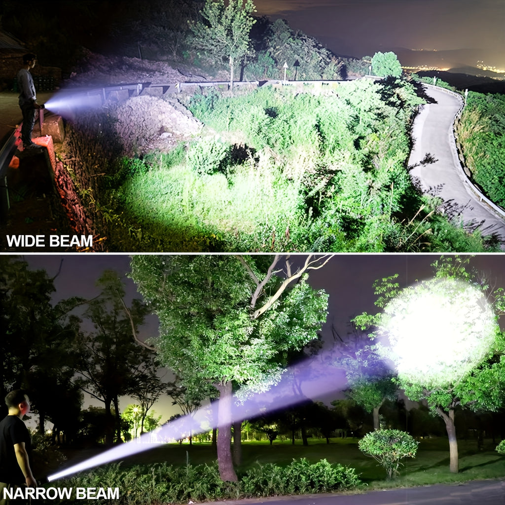 High-Lumen Fire Starting Flashlight Rechargeable LED Torch with COB Side Light 5 Modes Tactical Beam Fresnel Lens Survival Tool for Camping Hiking Fishing Emergency Outdoor Adventures