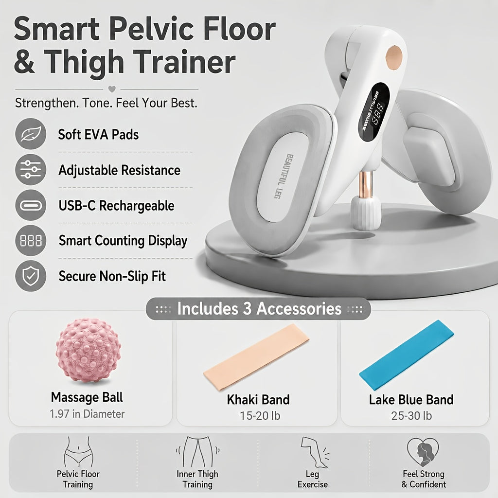 Pelvic Floor Trainer Hip & Thigh Toner with Rep Counter – Adjustable Resistance Inner Thigh Glute Exerciser for Women Home Fitness Postpartum Recovery – With Massage Ball & Resistance Bands