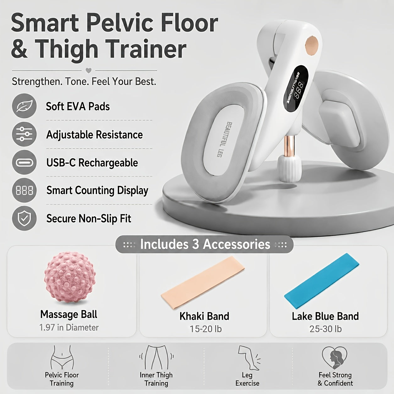 Pelvic Floor Trainer Hip & Thigh Toner with Rep Counter – Adjustable Resistance Inner Thigh Glute Exerciser for Women Home Fitness Postpartum Recovery – With Massage Ball & Resistance Bands