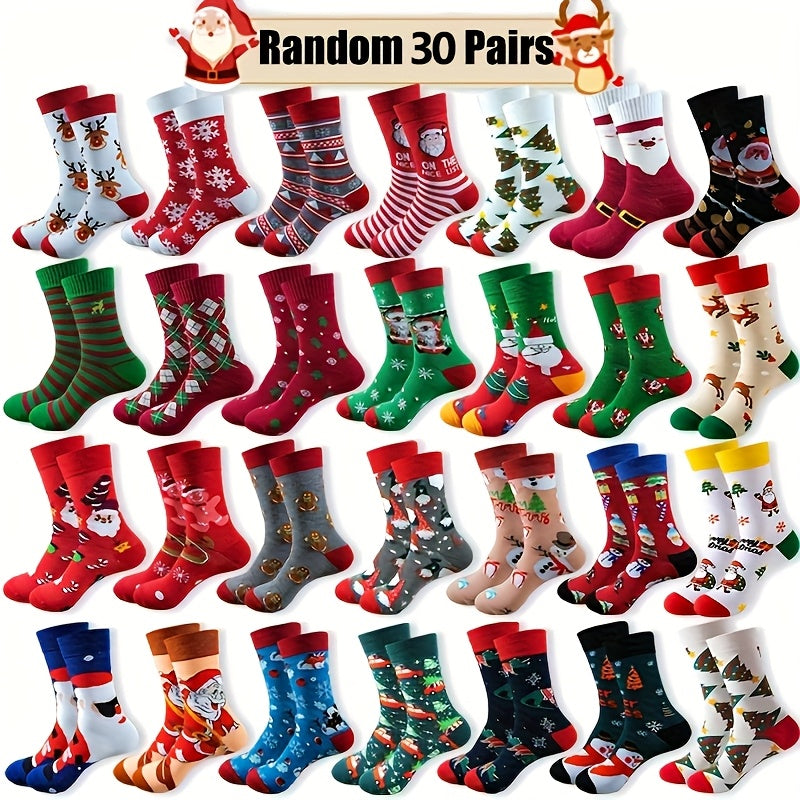 Christmas Socks 30 Pairs Bulk Set – Funny Novelty Holiday Socks with Reindeer Snowflakes Santa Claus Christmas Tree Gingerbread Patterns, Warm Unisex Gift for Men & Women
