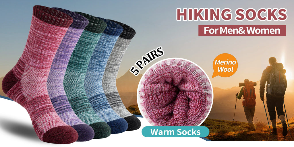 Merino Wool Hiking Socks 5 Pairs Men & Women – Compression Support, Thick Cushion, Sweat-Wicking & Breathable – Sizes M & L – Multicolor, Dark & Earth Tones – Outdoor Trail & Cold Weather Sock Gift Set
