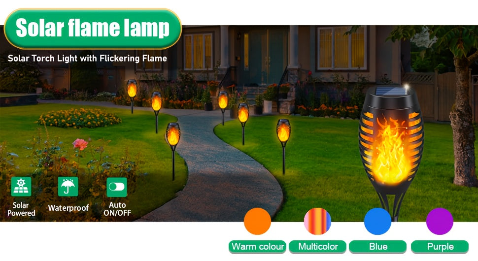 Solar Flame Torch Lights Outdoor - Flickering Flame Effect, IP65 Waterproof, Auto Dusk-to-Dawn, 750mAh Solar Powered Garden Stake Lights for Yard, Lawn, Patio & Pathway - 4/8/12 Pack