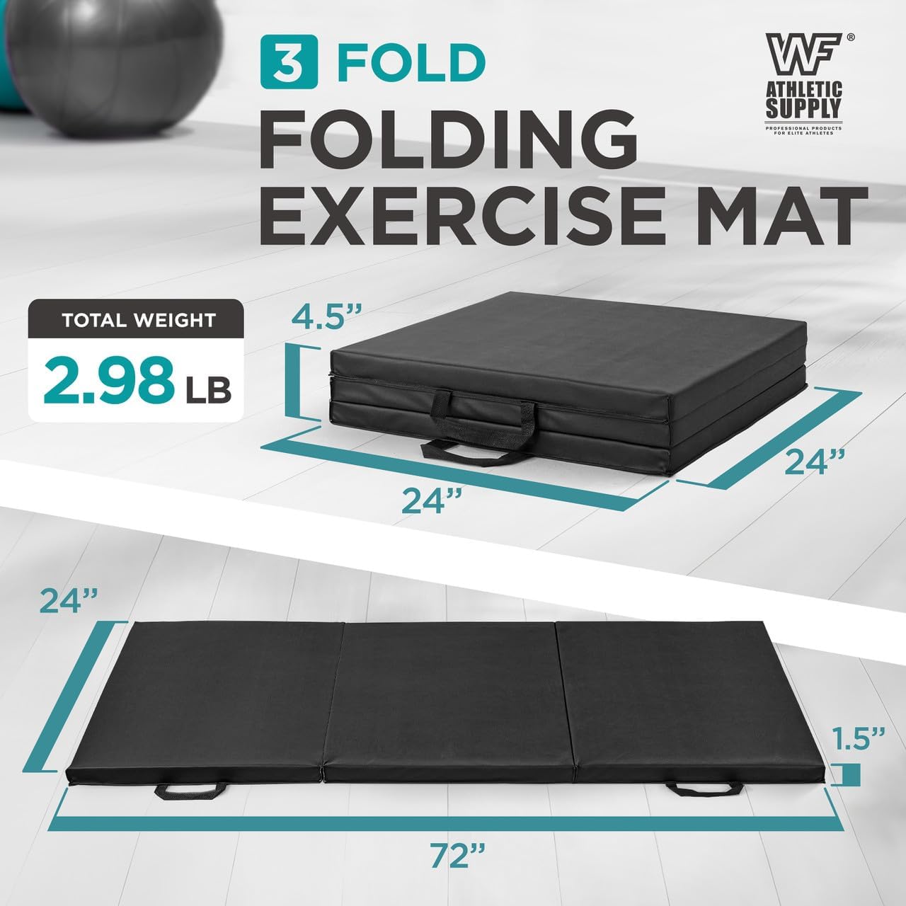 Folding Exercise Mat 1.5 Inch Thick Tri Fold Foam Gym Mat with Carrying Handles for Gymnastics Yoga MMA Martial Arts Stretching Core Workouts – Foldable Floor Mat Black Blue Pink