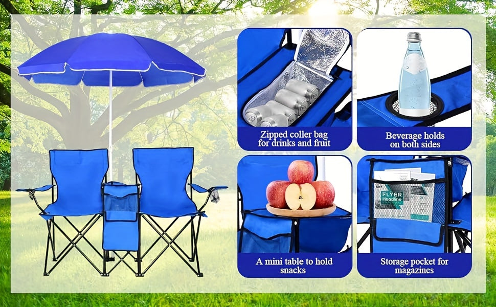 2-Person Folding Beach Chair Set with Umbrella, Table & Cooler Bag – 600 lb Capacity Portable Camping & Picnic Chair Set for Outdoor, Beach & Tailgate