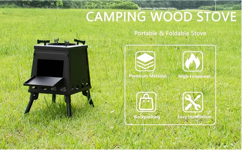 Wood Burning Camp Stove Portable Heavy Duty Outdoor Campfire Stove Sturdy Legs Air Vents Firewood BBQ Hiking Backpacking Picnic Travel No Electricity Needed