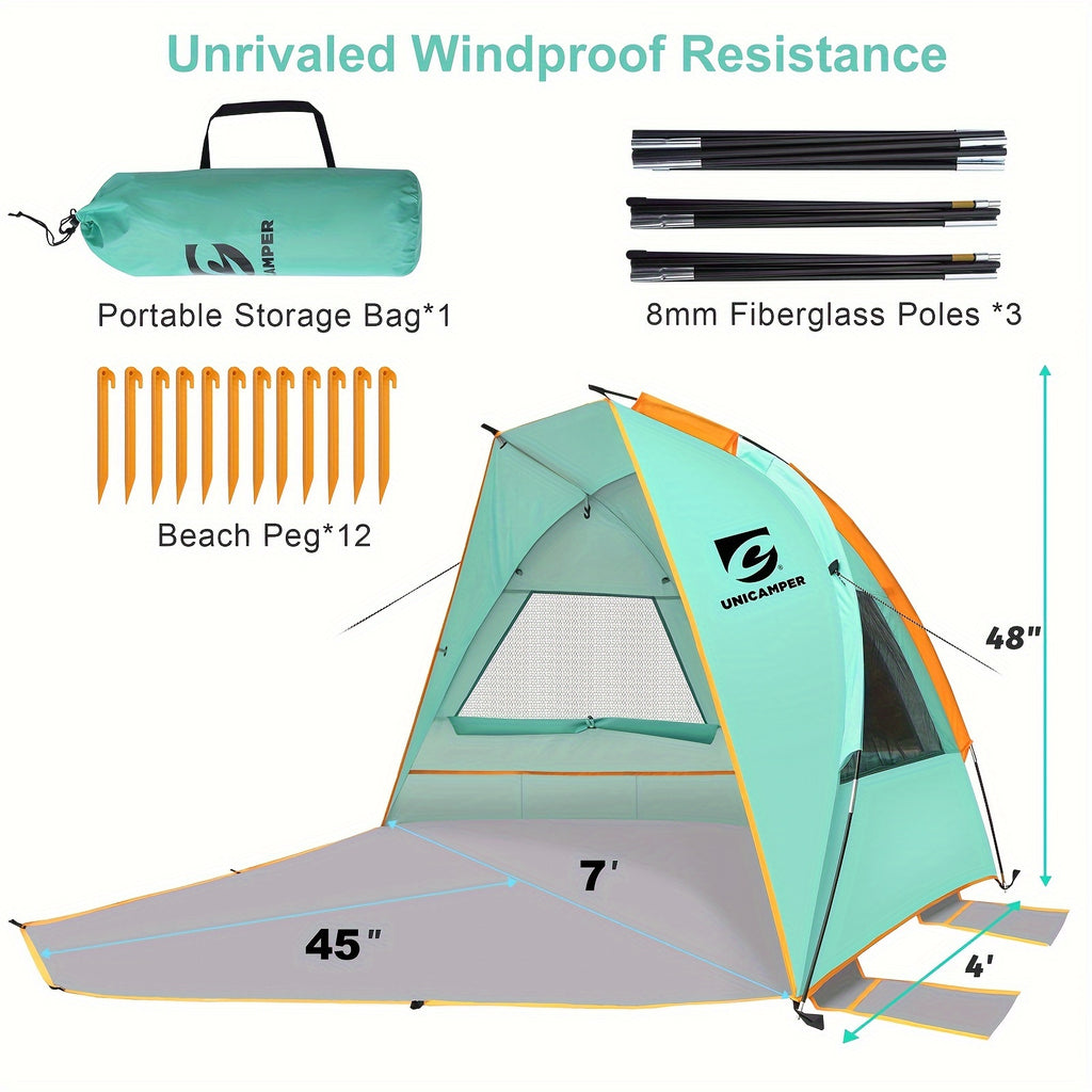 Beach Tent 3 Person UPF 50+ Sun Shelter with Waterproof PE Floor & Mesh Windows – Portable Pop Up Shade Canopy for Camping Fishing Yard