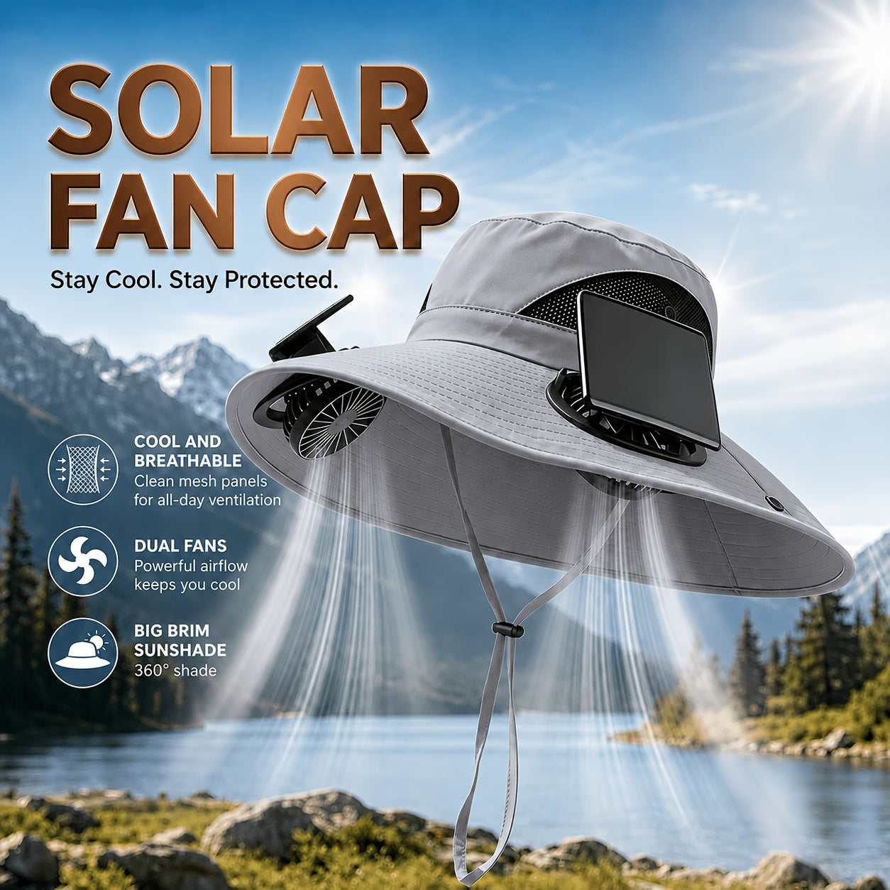 Solar Fan Hat with 2 Built-In Fans – Breathable Wide Brim Sun Hat for Men & Women | Adjustable Wind Speed & Strap for Gardening, Travel, Hiking & Summer Outdoor Activities