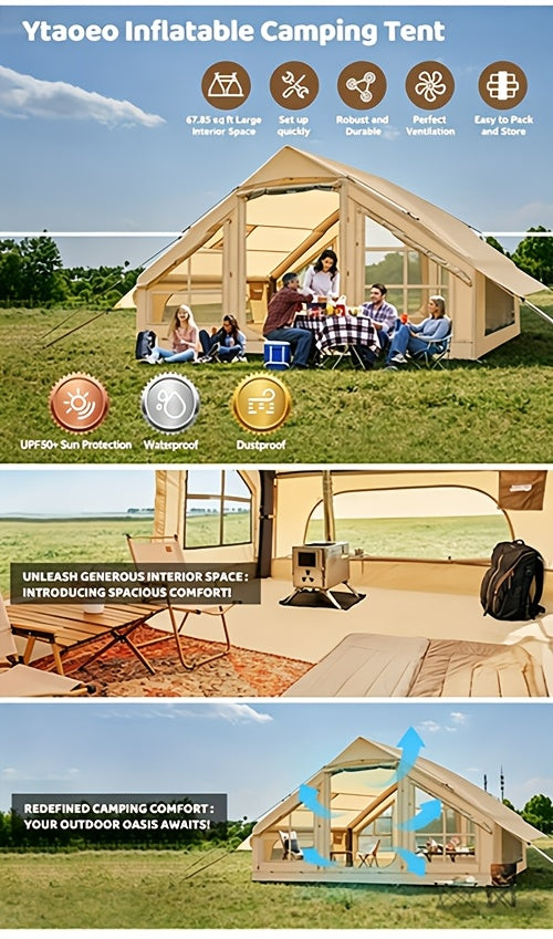Inflatable Glamping Tent for 4-6 Person – 4-Season Large Luxury Air Tent with Optional Skylight & Stove Jack, Manual Pump Included, Windproof Family Camping Shelter (6.3-12 sqm)