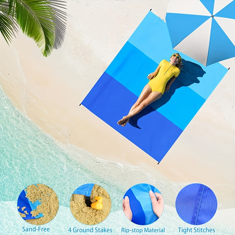 Sand-Proof Beach Blanket Extra Large – Foldable Polyester Beach Mat with 4 Corner Stakes, Lightweight Portable for Beach Camping Picnic Hiking Travel