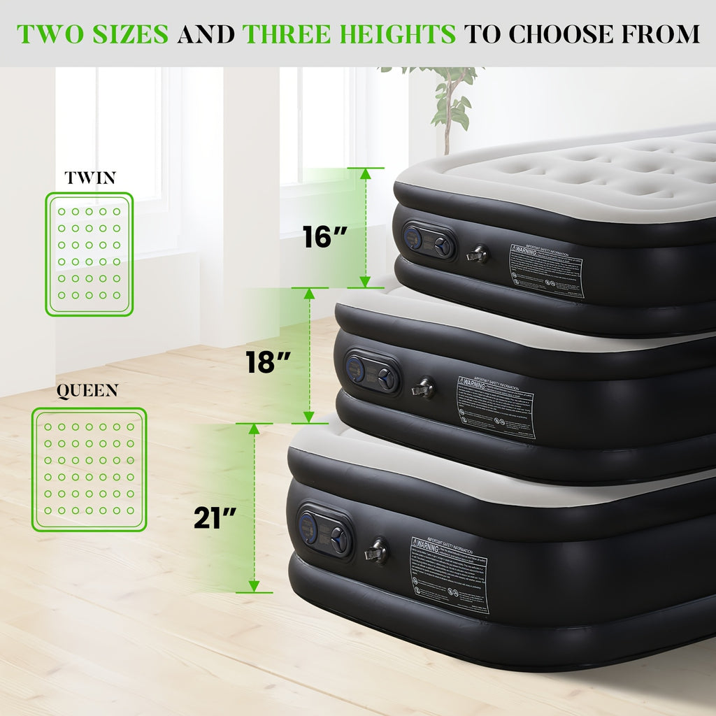 Air Mattress with Built-In Pump 660 Lbs – Inflatable Airbed 16/18/21 Inch Thick, Non-Slip Double Height, Twin & Queen for Camping, Home Guest Bed & Travel