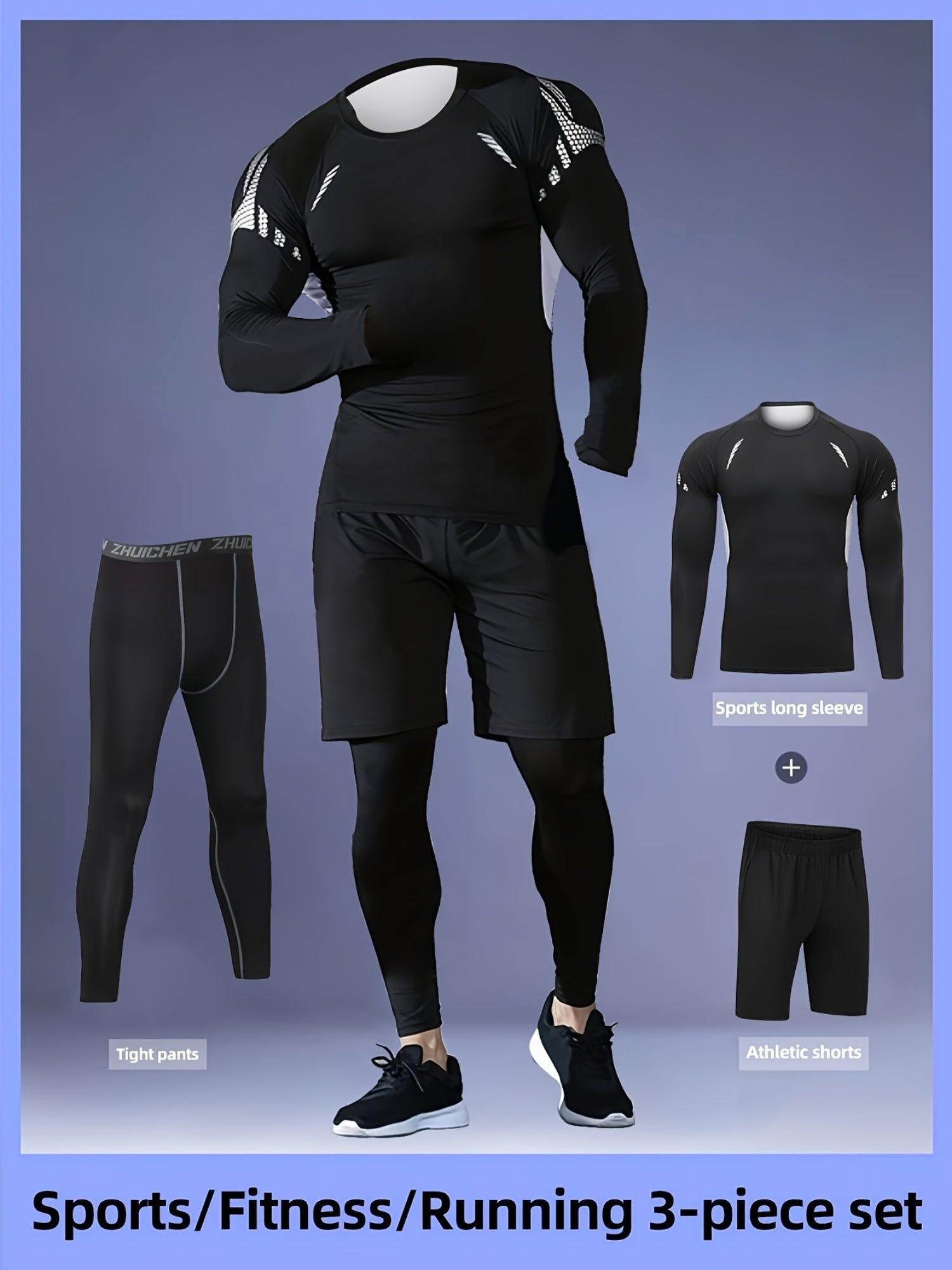 Men's 3-Piece Compression Sports Suit Quick-Dry – Moisture-Wicking Gym Running Training Outfit, High Elastic Breathable Activewear for Cycling Hiking Fitness, Grey & Fluorescent Green, S-XXL