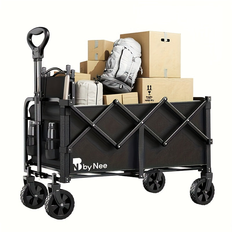 Collapsible Folding Wagon Cart Heavy Duty 450-650LBS – All Terrain Foldable Utility Wagon for Camping Beach Gardening Grocery Shopping Fishing, Large Capacity, Black