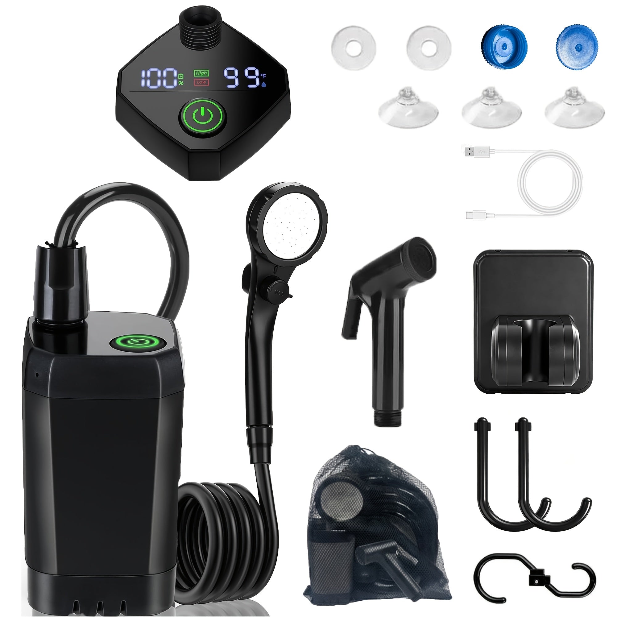 Portable Camping Shower Pump 6000mAh Rechargeable, IPX7 Waterproof Outdoor Shower with LED Display Multiple Modes 120 Min Runtime, Handheld Camp Shower for Hiking Pet Washing Car Beach Travel