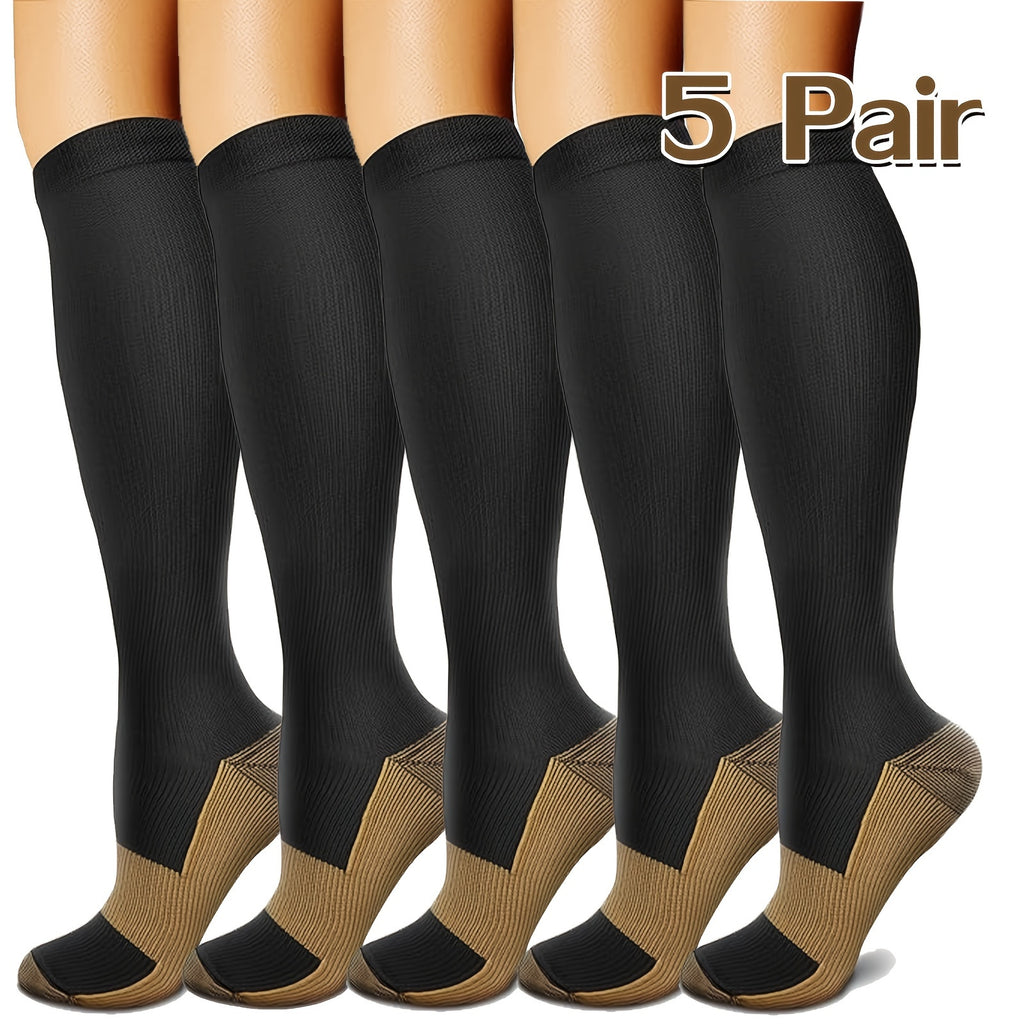 Copper Compression Socks 5 Pairs for Women & Men – Best for Running, Hiking, Cycling, Travel & Sport, Sizes S/M/L/XL/XXL, Black, All-Day Comfort & Circulation Support