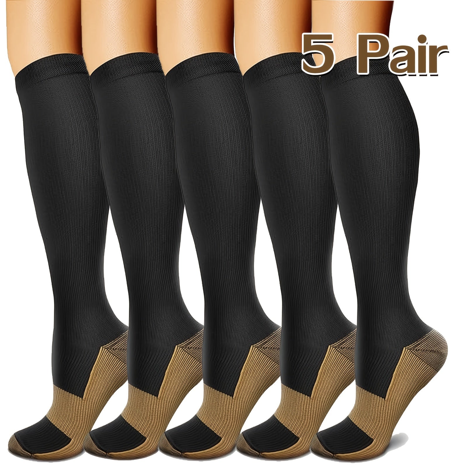 Copper Compression Socks 5 Pairs for Women & Men – Best for Running, Hiking, Cycling, Travel & Sport, Sizes S/M/L/XL/XXL, Black, All-Day Comfort & Circulation Support