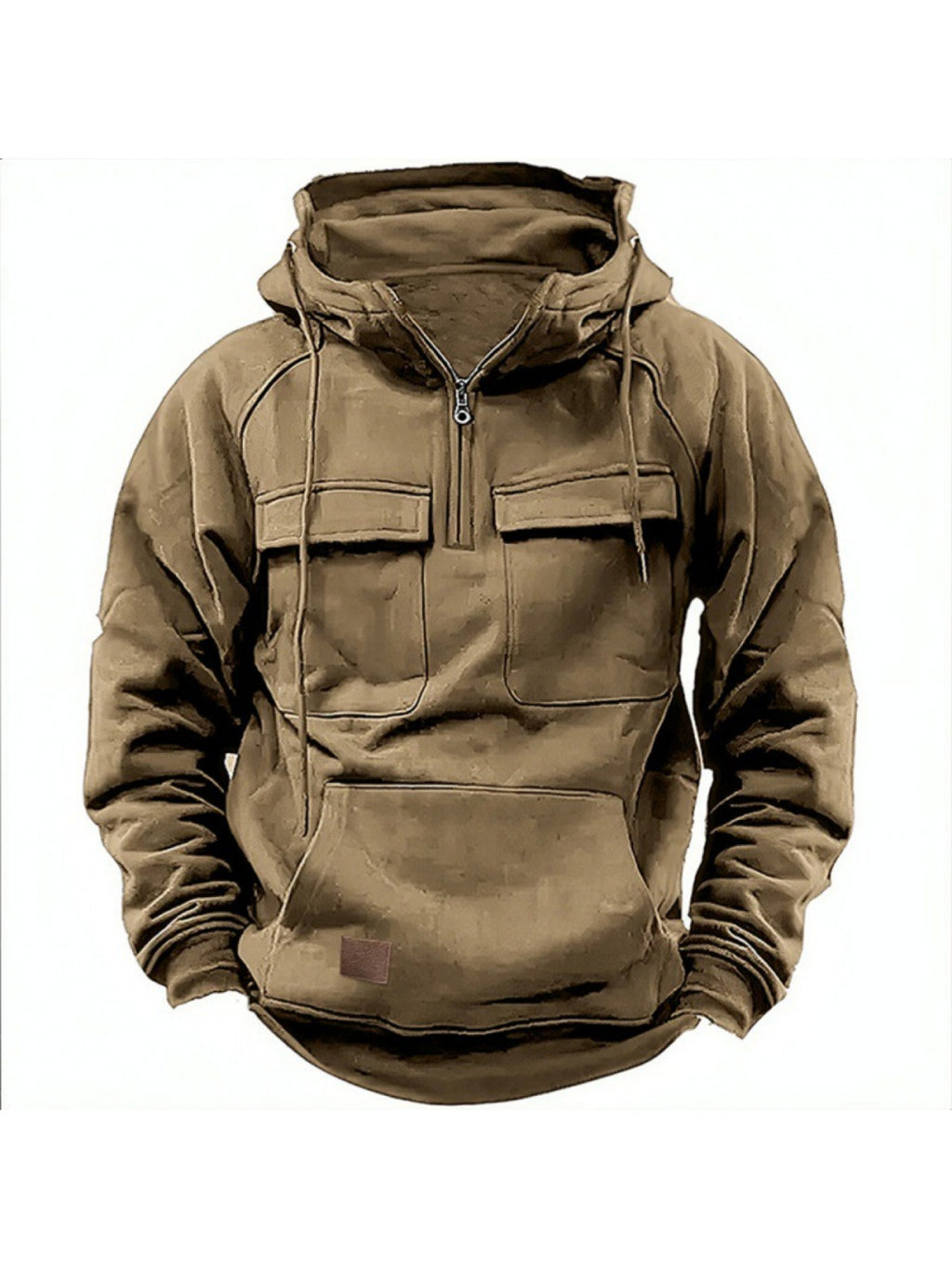 Men's Tactical Quarter Zip Hoodie Cargo Pullover Sweatshirt Outdoor Workout Gym Hooded Jacket Dark Brown