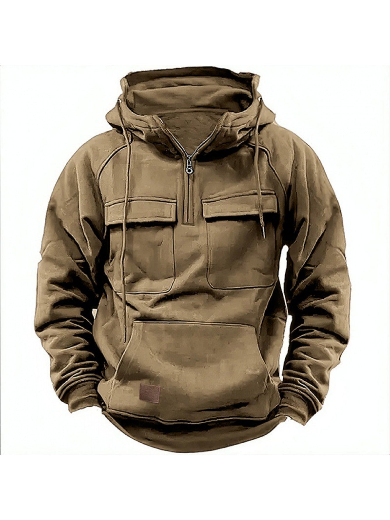 Men's Tactical Quarter Zip Hoodie Cargo Pullover Sweatshirt Outdoor Workout Gym Hooded Jacket Dark Brown
