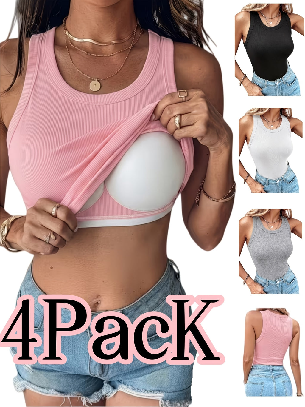 Women's Ribbed Tank Tops 4 Pack Built-in Bra Slim Fit Sleeveless Scoop Neck Camisole – Soft Stretch Basic Undershirt Layering Top for Women