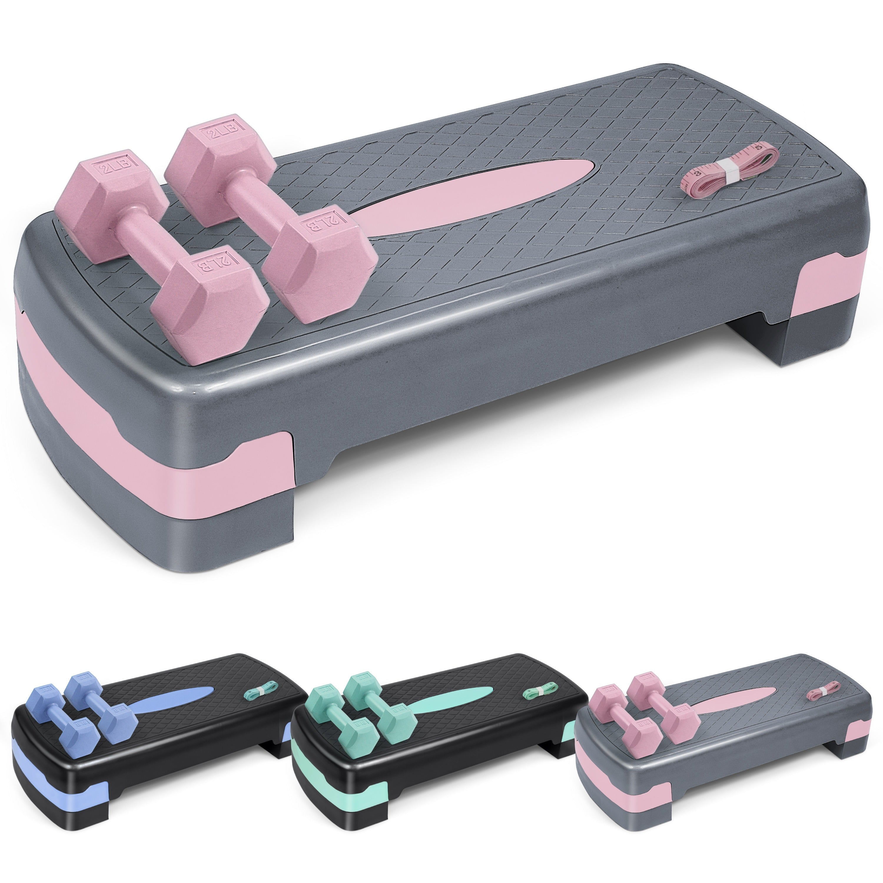 Aerobic Step Platform with Dumbbells Measuring Tape Adjustable Height 2 Level Risers Non-Slip Exercise Stepper Home Gym Workout 550LB Capacity Pink Green Blue