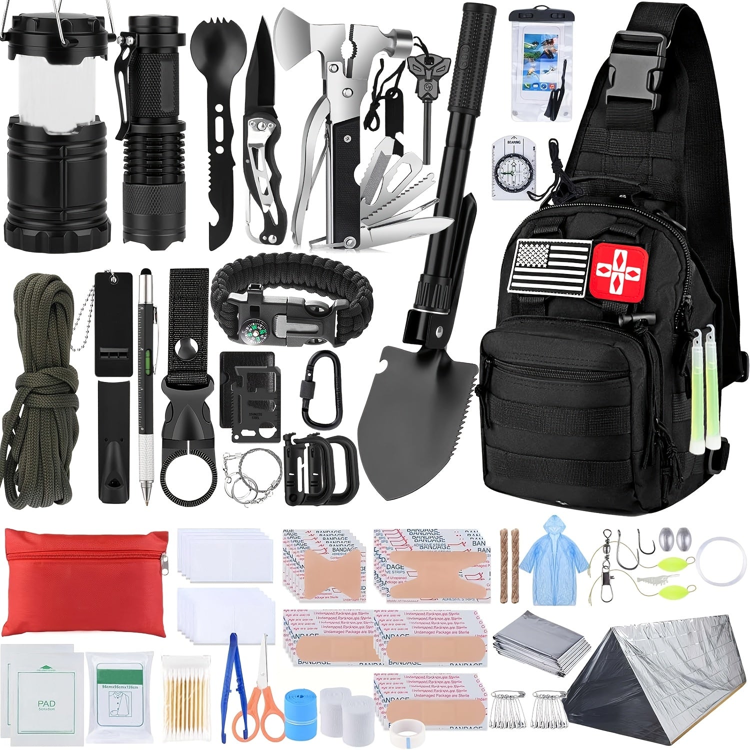 272-Piece Survival Kit with Fire Starter - Emergency Gear Set with First Aid, Flint Magnesium Rod, Whistle, Flashlight & Molle Bag for Camping Hiking Hunting Earthquake Preparedness