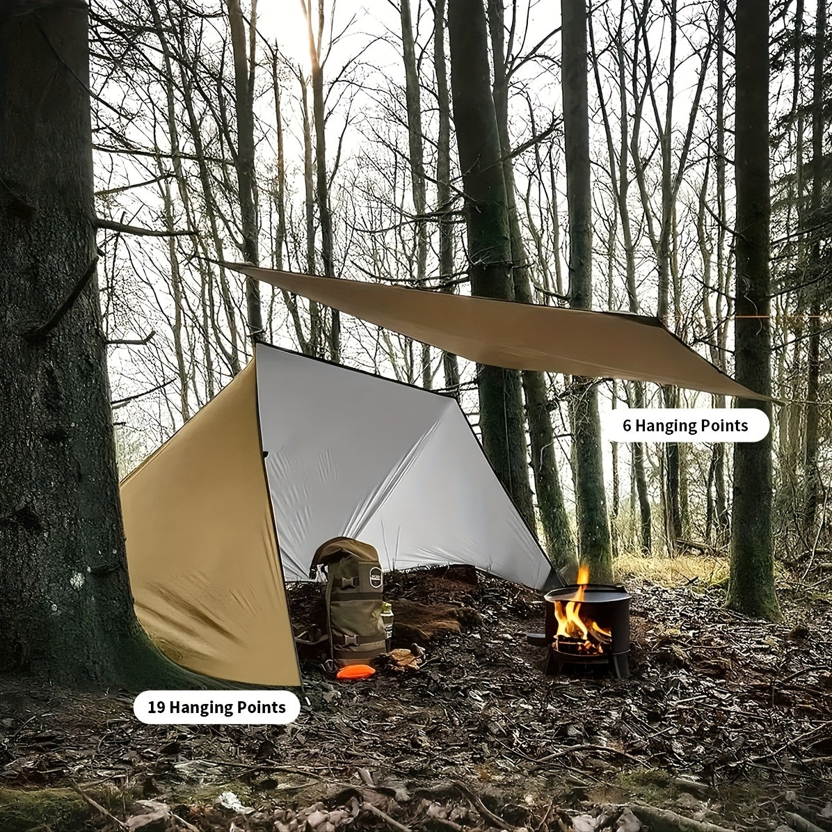 Multifunctional Waterproof Camping Tarp 6 Person – 19 Tethering Points Survival Tarpaulin, Rain Fly, Sunshade & Hammock Tent for Hiking, Backpacking, Cycling & All-Season Outdoor Use