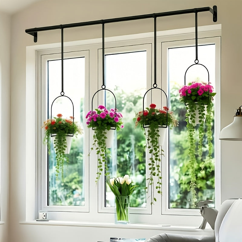 Metal Adjustable Hanging Flower Pot Set - 4 Plastic Pots & Nylon Rope Wall Plant Hanger for Indoor Window, Ceiling & Kitchen Herb Garden, Expandable 11.8"-18.1", 1 Set or 5 Pots