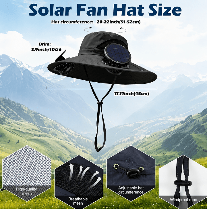 Solar Fan Hat 2 Cooling Fans Wide Brim UV Protection Adjustable – Sun Hat for Men Women Gardening Hiking Travel Outdoor Summer