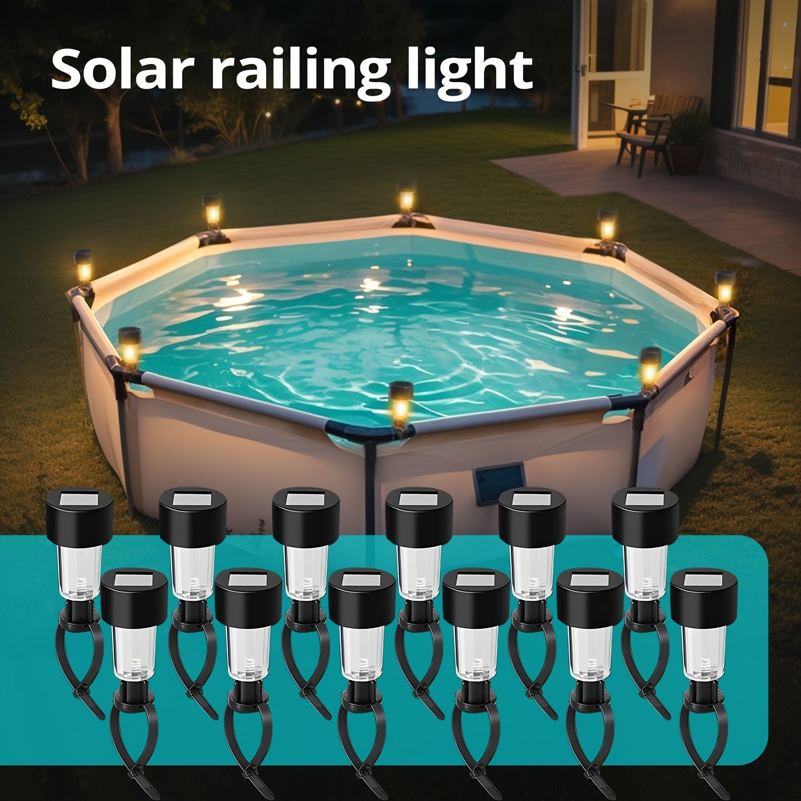 Solar Swimming Pool Lights 6-Pack - Dimmable LED Warm & White Light, Reinforced Straps for Above-Ground Pools, Outdoor Garden Wall Decoration, High-Efficiency Solar Powered