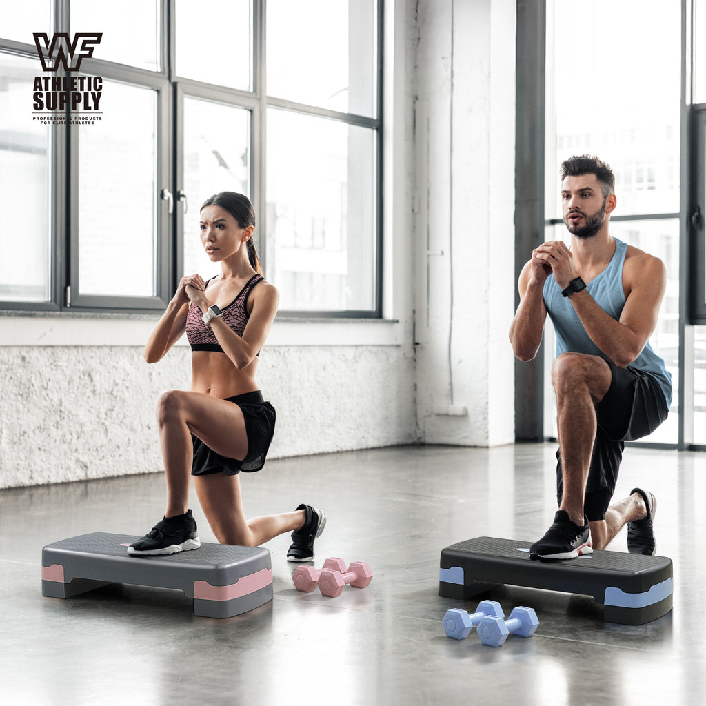 Aerobic Step Platform with Dumbbells Measuring Tape Adjustable Height 2 Level Risers Non-Slip Exercise Stepper Home Gym Workout 550LB Capacity Pink Green Blue