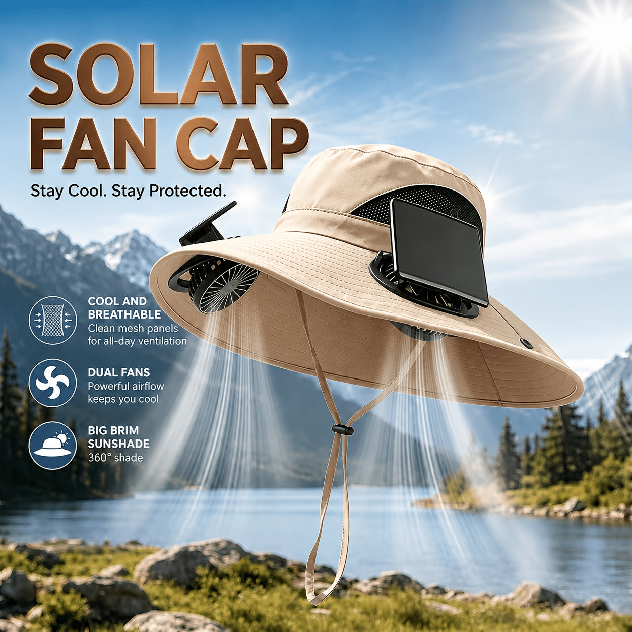 Solar Fan Hat with 2 Built-In Fans – Breathable Wide Brim Sun Hat for Men & Women | Adjustable Wind Speed & Strap for Gardening, Travel, Hiking & Summer Outdoor Activities