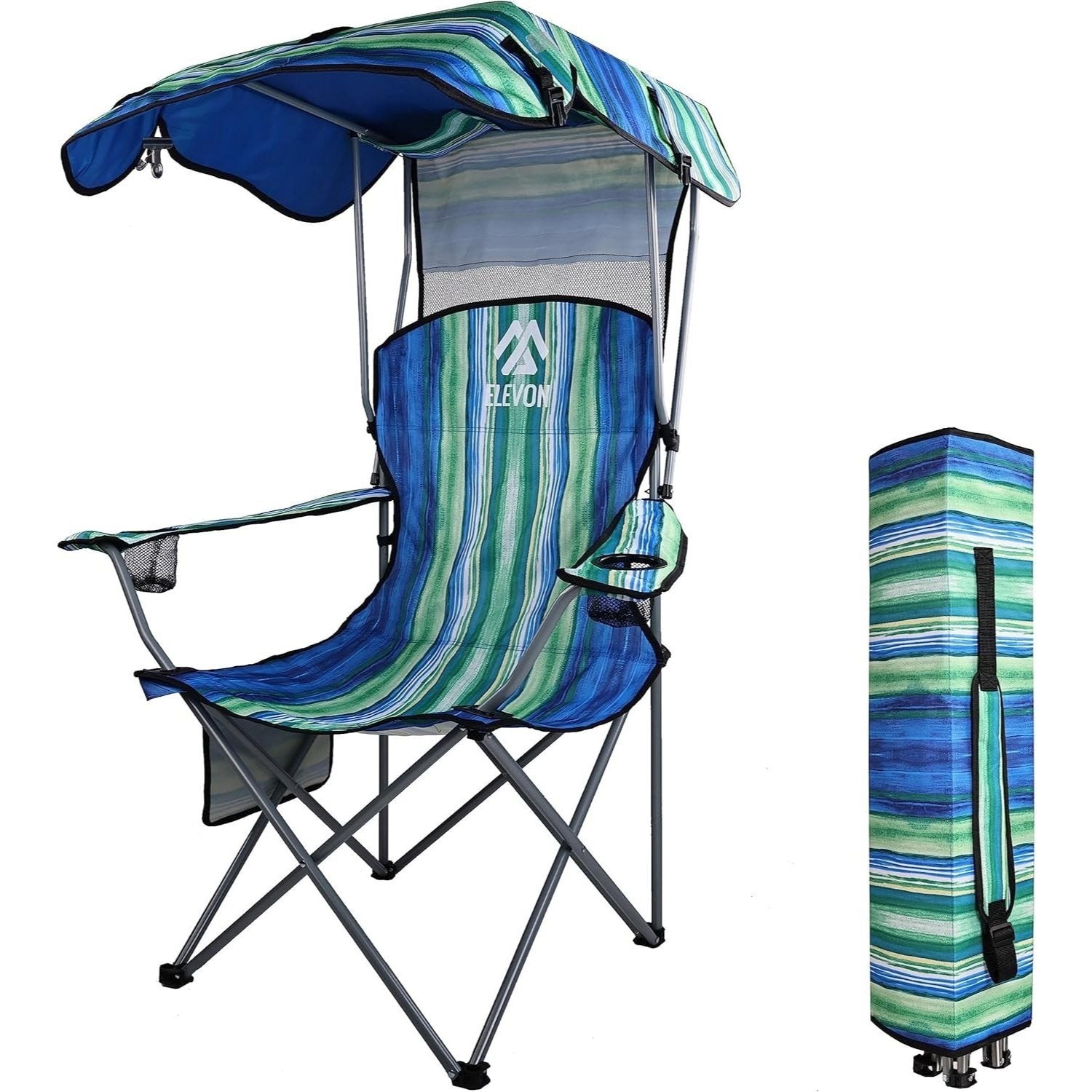 Folding Camping Chair with Canopy Sunshade Portable Beach Chair – 225 lbs Support Wide Seat Cup Holder Carrying Bag for Outdoor Lawn