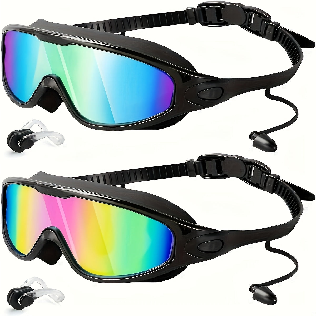 Anti-Fog Swim Goggles for Adults Wide Angle Leak-Proof UV Protection with Adjustable Headband, Nose & Ear Clip - Clear Vision Pool Swimming Goggles for Men Women Water Fitness (1pc or 2pcs Set)
