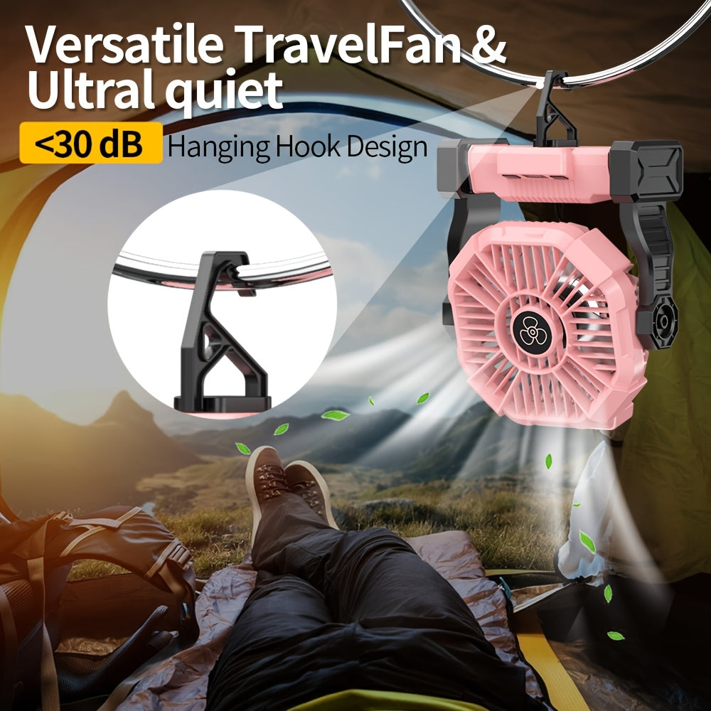 Portable Camping Fan 3-in-1 USB Rechargeable with LED Lantern 4 Wind Speeds Timer Rotating Function Battery Powered Tent Fan for Camping Hiking BBQ Travel Outdoor Adventures