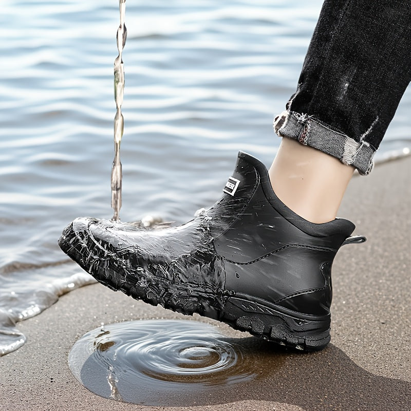 Non-Slip Rain Boots Short Ankle – Lightweight Waterproof Outdoor Boots, Cushioned Insole, Breathable Lining, Textured Sole for Car Wash, Hiking & Outdoor Activities | Unisex | Black, Beige | US 5.5–12