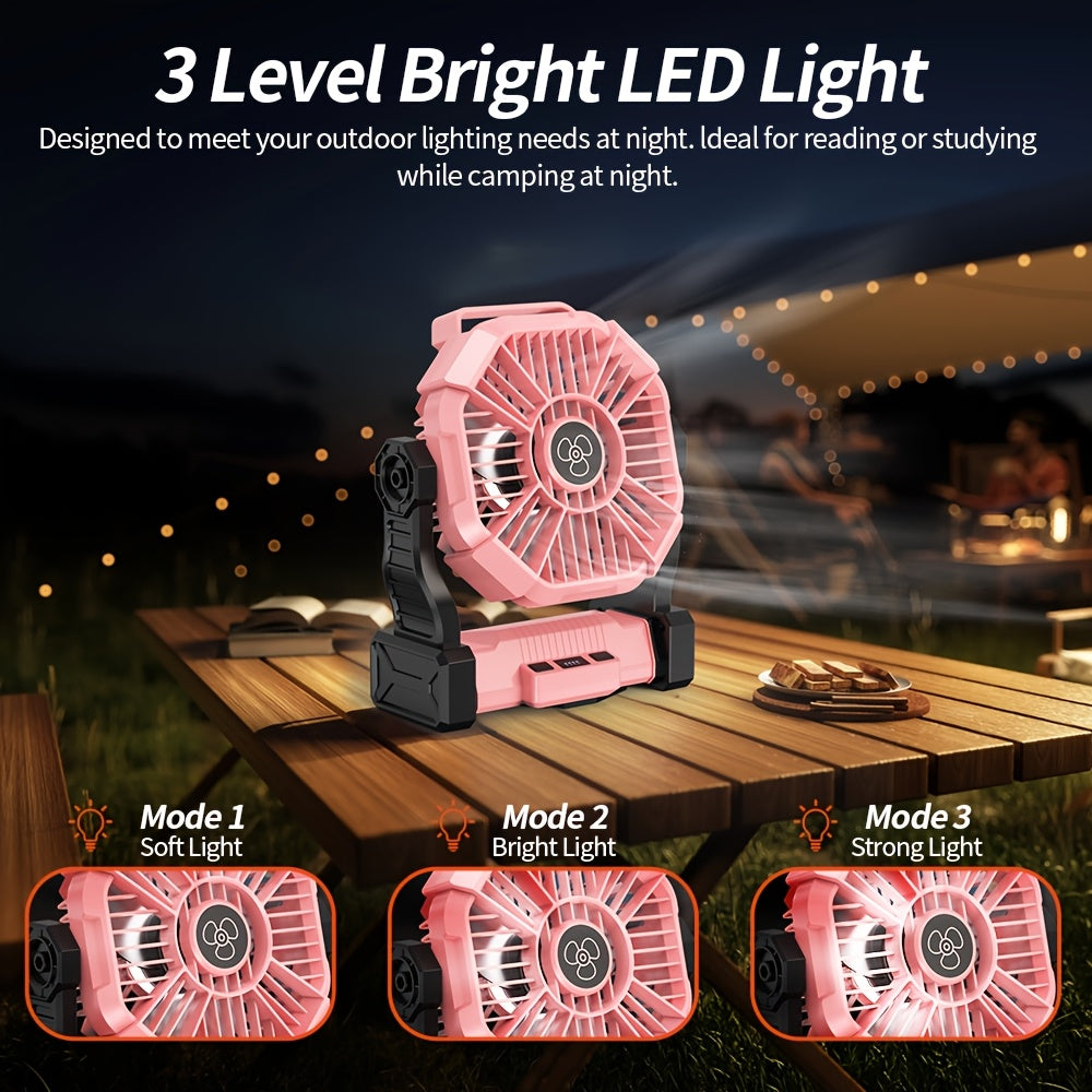 Portable Camping Fan 3-in-1 USB Rechargeable with LED Lantern 4 Wind Speeds Timer Rotating Function Battery Powered Tent Fan for Camping Hiking BBQ Travel Outdoor Adventures
